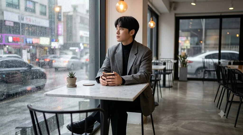 Gemini AI boy-style photo prompt example - Seoul Gangnam Cafe Rain
