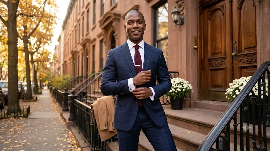 Gemini AI boys photo prompt example - Autumn Formal on Brooklyn Brownstone Steps