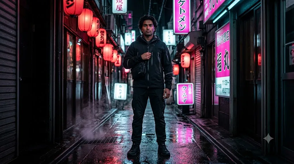 Gemini AI boys photo prompt example - Urban Techwear Neon Night