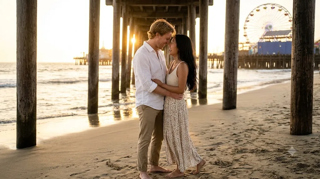 Gemini AI couple photo prompt example - Santa Monica Pier Sunset