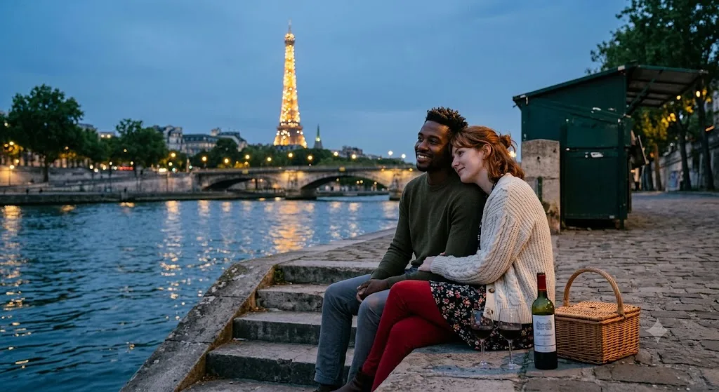 Gemini AI couple photo prompt example - Eiffel Tower Twilight Seine