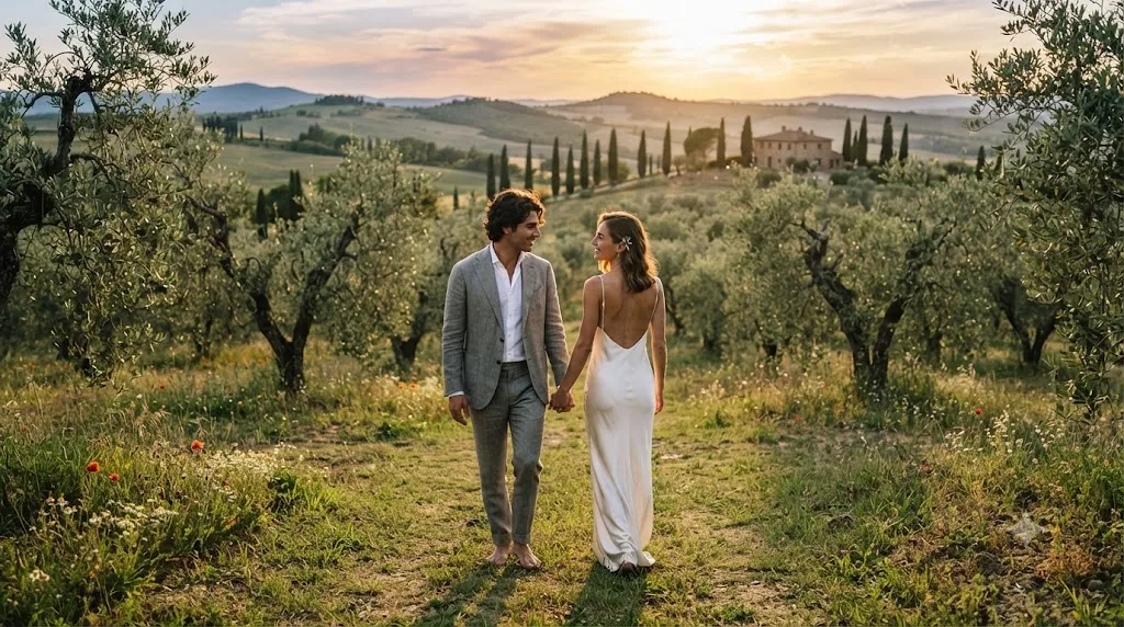 Gemini AI couple photo prompt example - Tuscany Olive Grove Golden Hour