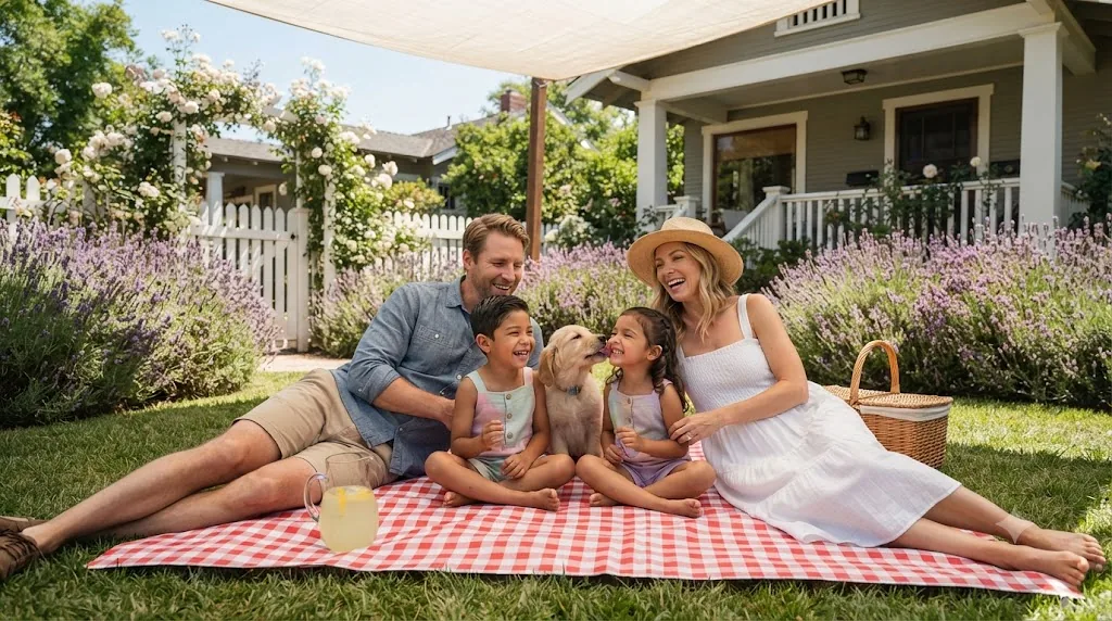 Gemini AI family photo prompt example - Pasadena backyard