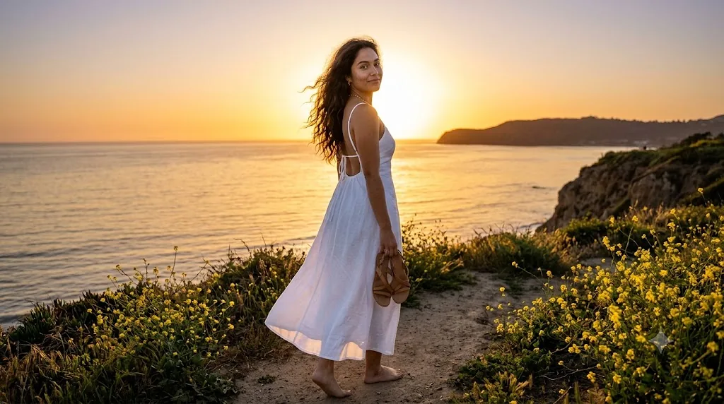 Gemini AI girl photo prompt example - Malibu Golden Hour